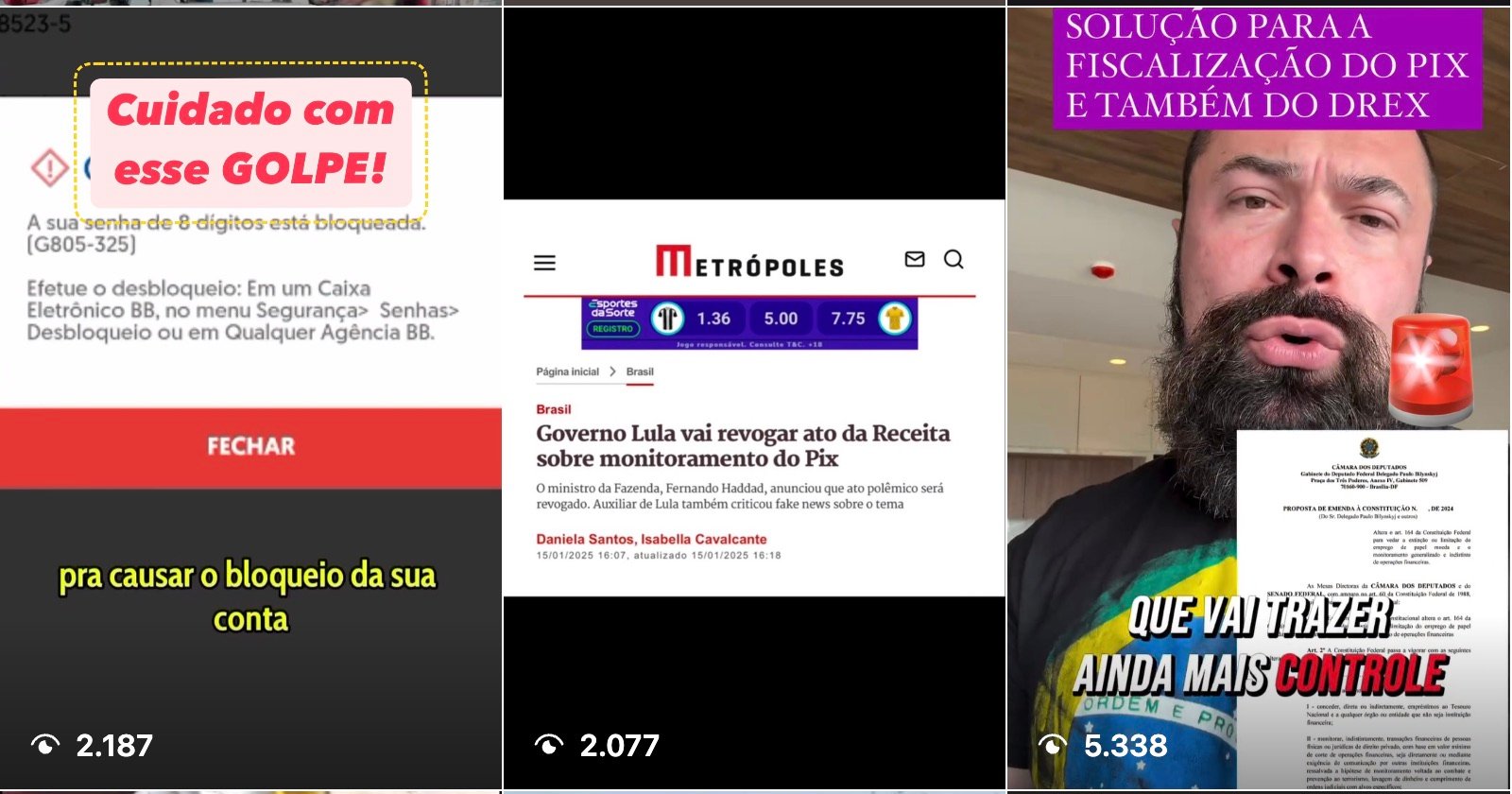 Três vídeos anteriores ao método no perfil @eu.tenho.direito, com 2.187, 2.077 e 5.338 visualizações.