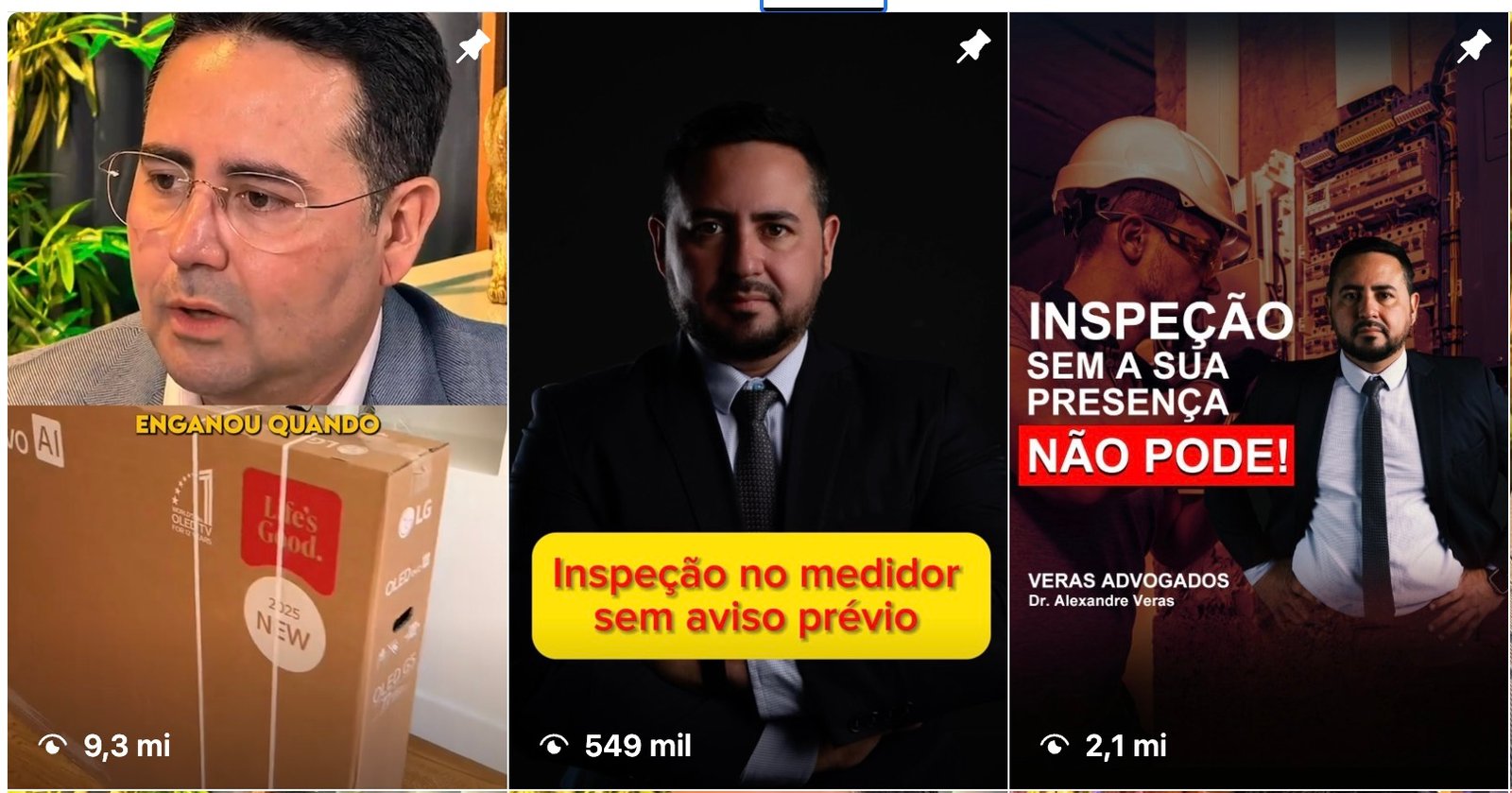 Três vídeos posteriores ao método no perfil @eu.tenho.direito, com 9,3 milhões, 549 mil e 2,1 milhões de visualizações.