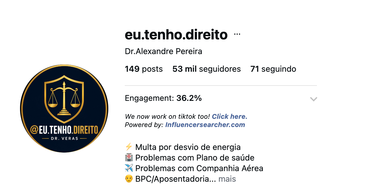 Print do perfil @eu.tenho.direito no Instagram: 149 posts, 53 mil seguidores, engajamento de 36,2%.