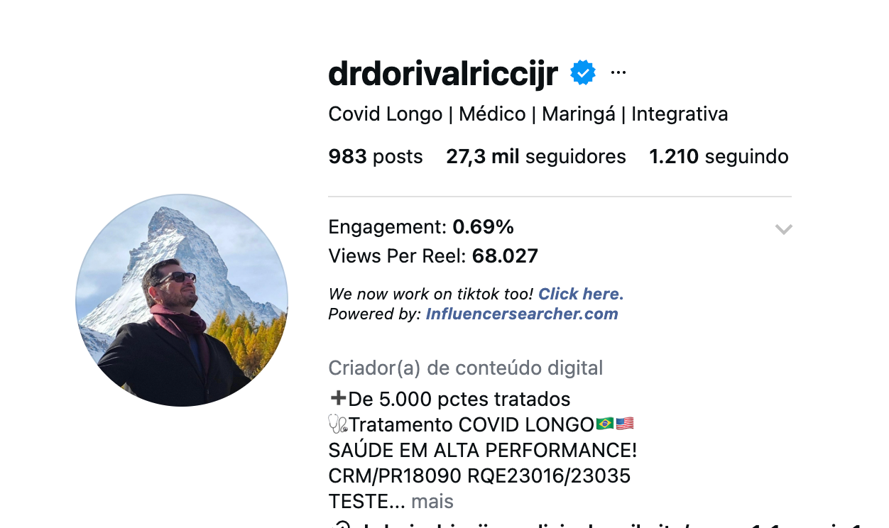 Print do perfil @drdorivalriccijr no Instagram: 983 posts, 27,3 mil seguidores, 68.027 visualizações por reel.