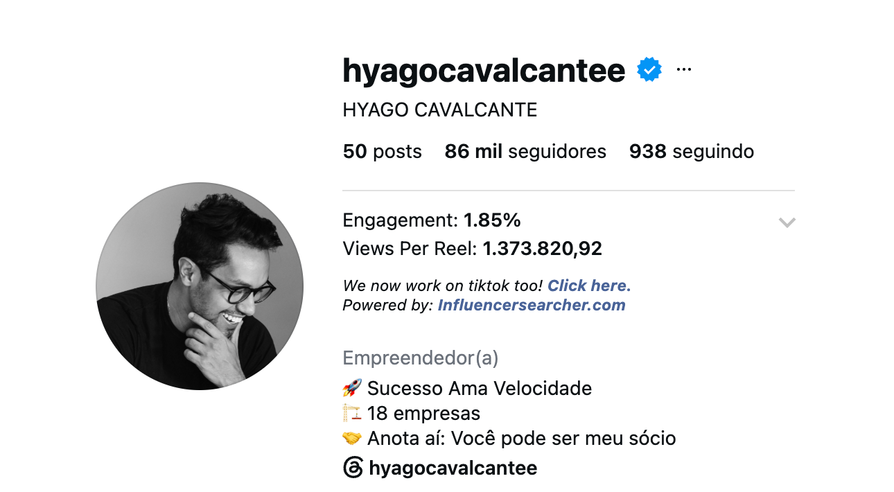 Print do perfil @hyagocavalcantee no Instagram: 50 posts, 86 mil seguidores, 1.373.820,92 visualizações por reel.